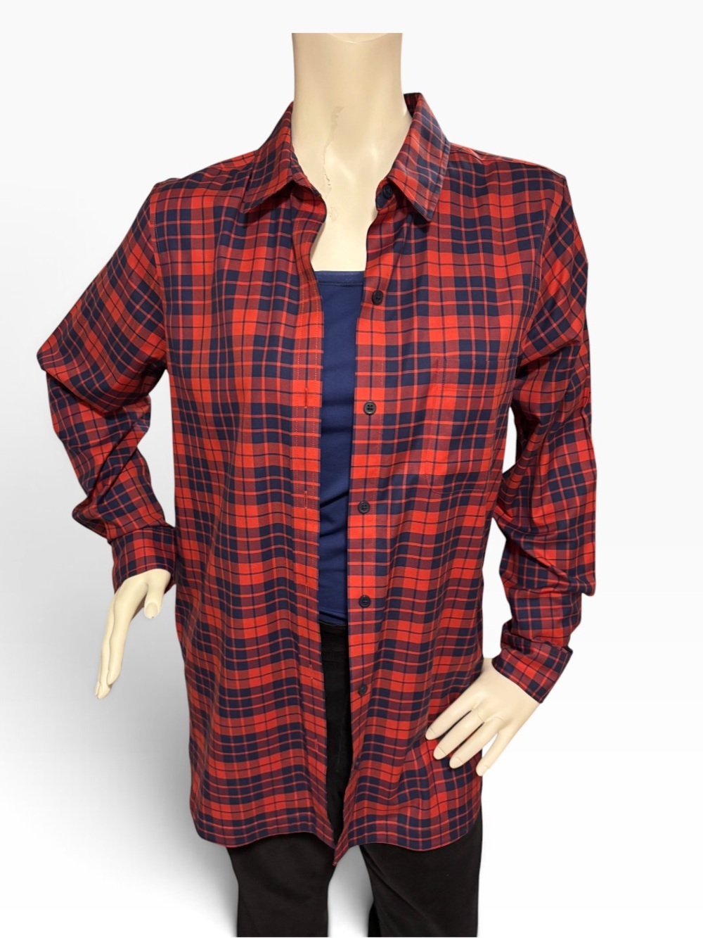 Orvis Red and Navy Women’s Cotton Plaid Ling Sleeve Button-Down Shirt, 12